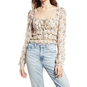 Free People  Printed Lolita Chiffon Blouse Top in Light Combo Ivory Women's Med